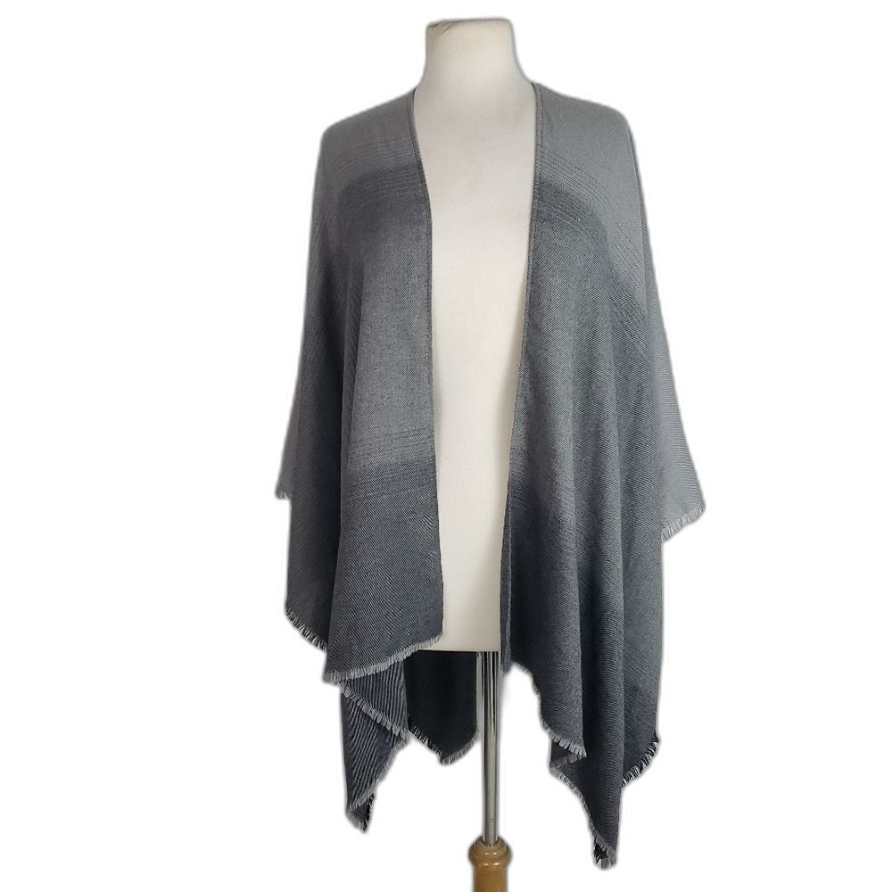 Calvin Klein Grey Knit Ombre Color Block Fringe Hem Shawl Poncho Cape One Size